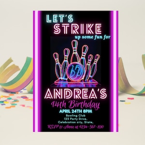 Neon Bowling Birthday Invitation: Editable Template (Instant Download)