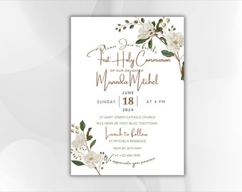 May include: White floral design on a white background with brown text. The text reads "Please join us for the First Holy Communion of our daughter Miranda Mitchel June 18, 2024 at 4 PM at Saint Joseph Catholic Church 192 E Henri de Tonti Blvd, Tontitown Lunch to follow at Mitchel's Residence RSVP by 20th May at +123-456-7890 We appreciate your presence"