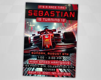 Invitación de cumpleaños de F1: tema del coche de carreras Ferrari (descarga digital, editable en Canva)