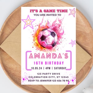 Editable Soccer Invitation For Girl, Soccer Birthday Invitation, Neon Soccer Birthday Invite, Digital File