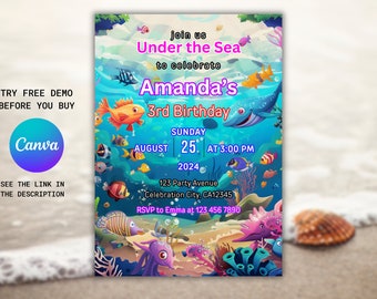 Invitación de cumpleaños bajo el mar: Fiesta de animales del océano (Editar en Canva)