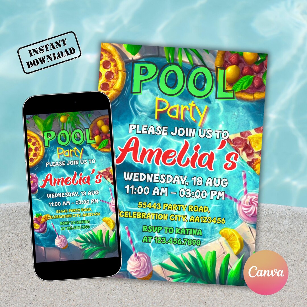 Editable Pool Party Invitation Template – Canva – Kids Summer Birthday ...