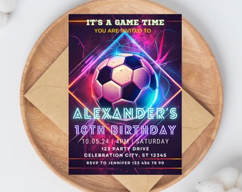May include: A vibrant invitation for Alexander's 10th birthday, featuring a soccer ball design with neon blue, pink, and purple accents. The invitation includes the text "IT'S A GAME TIME" and event details.
