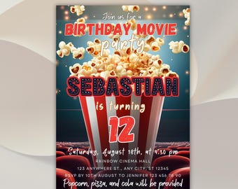 Verjaardagsuitnodiging film: Cinema Popcorn Party, bewerkbare canvassjabloon (digitale download)