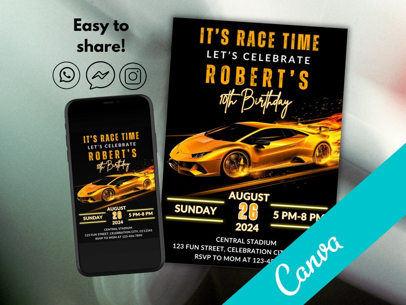 Editable Race Car Birthday Invitation: Sport Car Party (digital ...