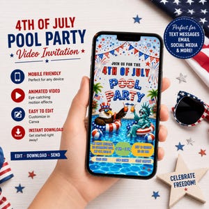 Può includere: Uno smartphone che mostra un invito video per una festa in piscina del 4 luglio. Lo schermo presenta un'aquila calva e la Statua della Libertà su salvagenti, circondati da fuochi d'artificio, festoni e dettagli testuali per l'evento.