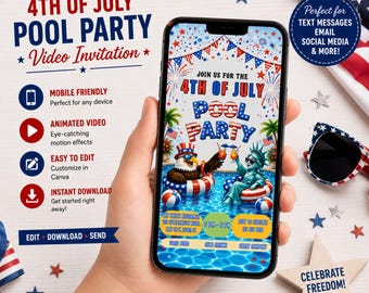 4th of July Pool Party Video Invitation, Animated Independence Day Invitation Template, Editable in Canva