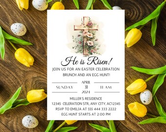 He is Risen Easter Invitation: Floral Cross, Egg Hunt (Editable Template)