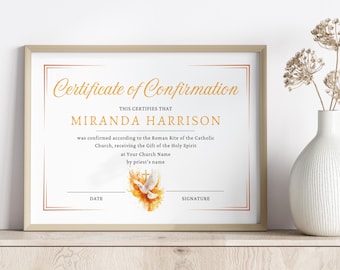 May include: Framed certificate with the text "Certificate of Confirmation" in gold script. The certificate includes the name "MIRANDA HARRISON" and details about the confirmation. A dove illustration is featured. The frame is a light beige color.