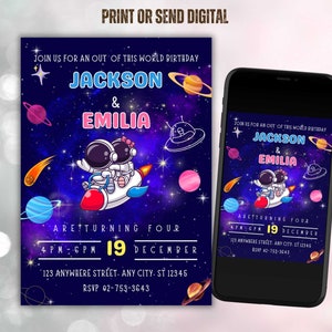 Convite de aniversário do Twins Space | Convite para festa de irmãos Galaxy | Modelo editável do Canva | Download instantâneo