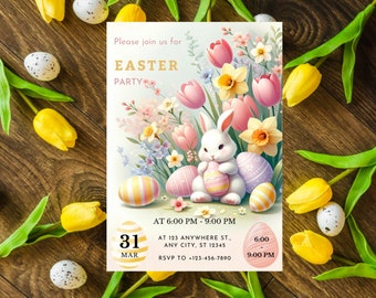 Editable Easter Party Invitation: Floral Bunny Template (Digital Download)