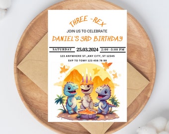 Three Rex Dinosaur Birthday Invitation: Editable Canva Template (Digital Download)