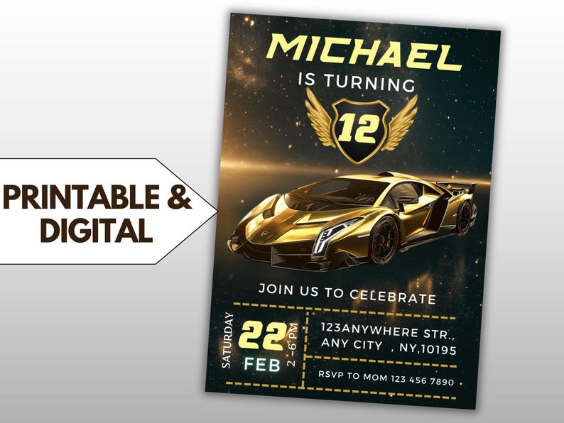 Editable Lamborghini Birthday Invitation Card , Race Car Theme for Boys ...