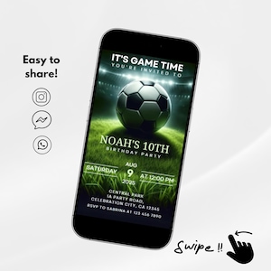 Könnte beinhalten: Ein Smartphone zeigt eine Einladung zu einer Fußball-Geburtstagsfeier. Die Einladung lautet "IT'S GAME TIME, YOU'RE INVITED TO" und "NOAH'S 10TH BIRTHDAY PARTY". Das Datum ist der 9. August 2025 um 12:00 Uhr. Die Einladung enthält RSVP-Informationen.