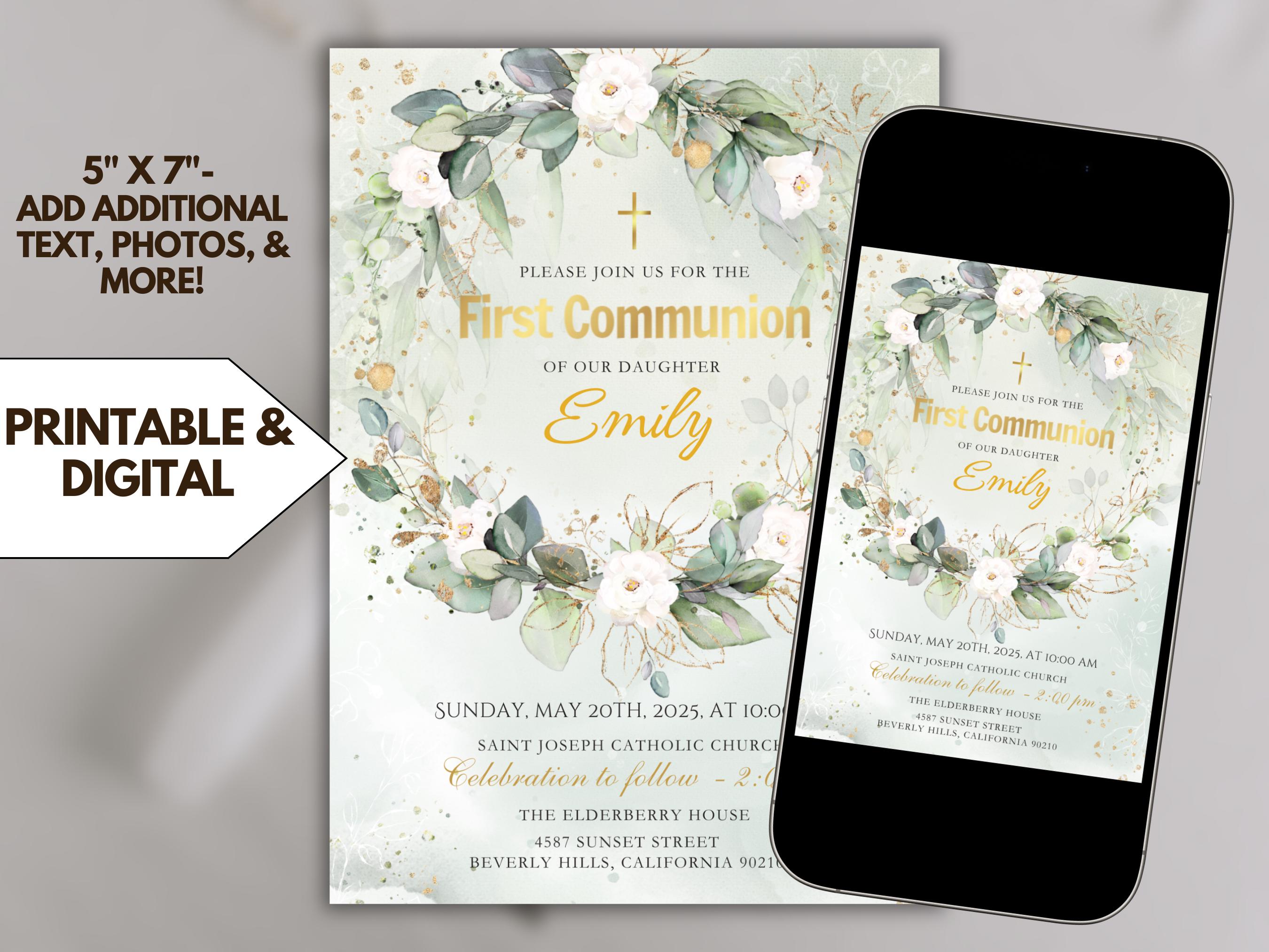 Editable First Communion Invitation: Elegant Template in Canva (digital ...