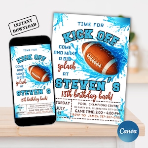Football Pool Party Invitation, Splash Birthday Invite, Editable Canva Template , Instant Download, Summer Sports Theme
