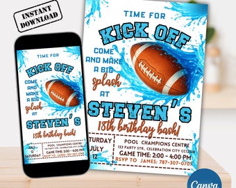 May include: A digital invitation for an 18th birthday bash. The design features a football with water splashes, the text "Kick Off," and the name "Steven's." The invitation is available as an instant download.
