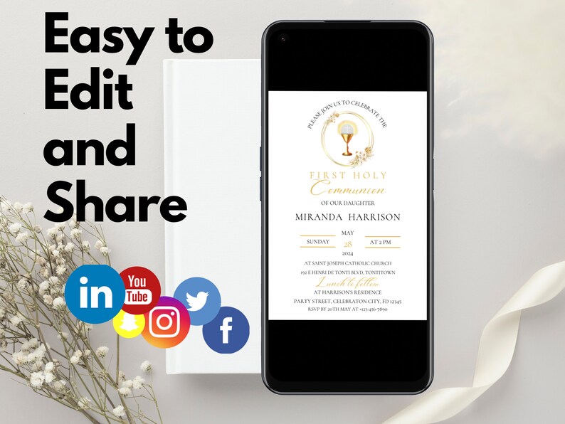 Catholic First Holy Communion Invitation, Printable Templates, Religious Celebration Invitation ...