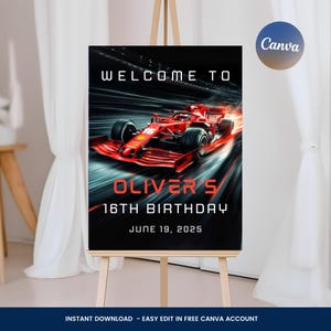 F1 Birthday Welcome Sign , Formula 1 Ferrari Race Car  Party Decor