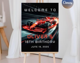 F1 Birthday Welcome Sign , Formula 1 Ferrari Race Car  Party Decor
