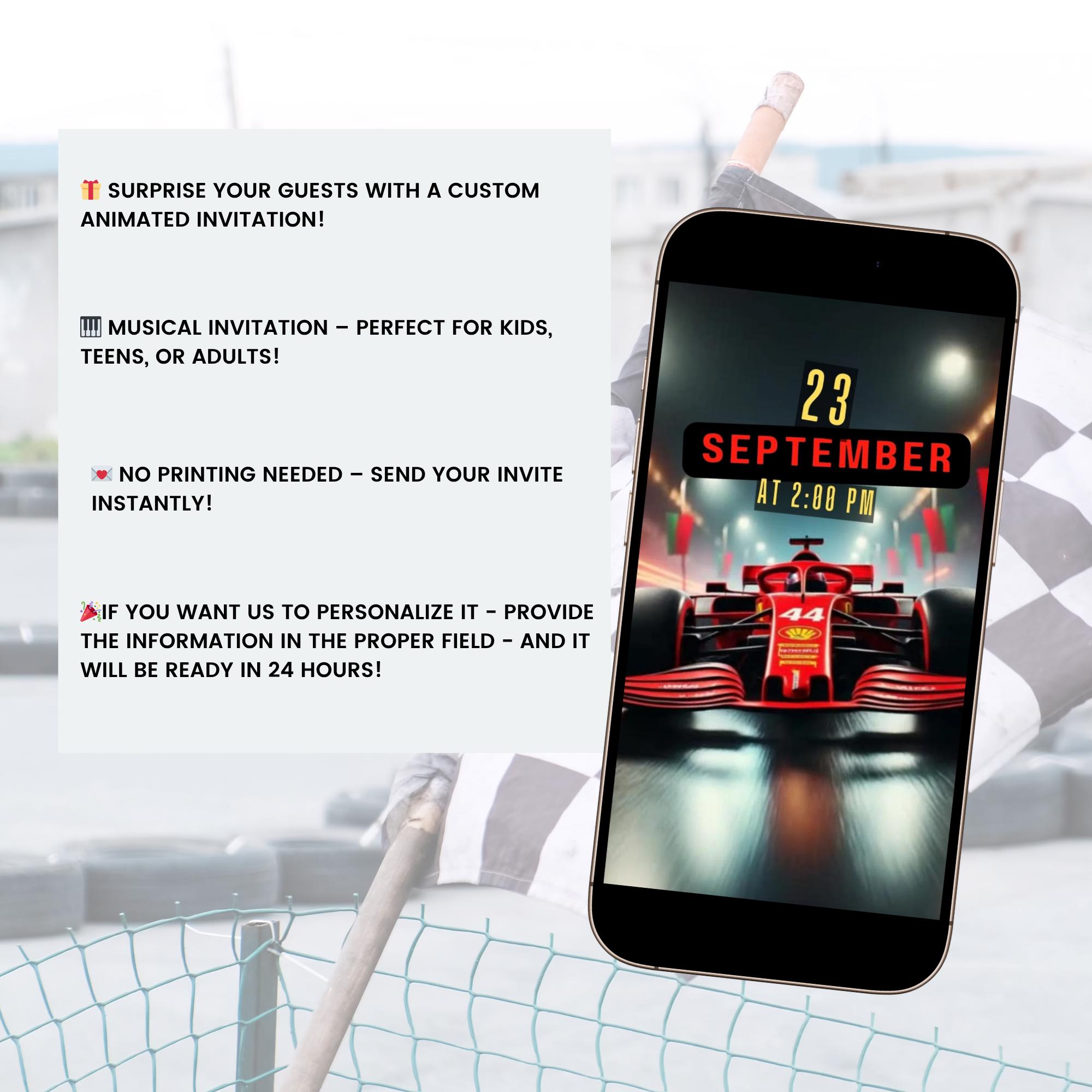 Ferrari F1 Race Car Birthday Video Invitation: Editable Canva Template ...