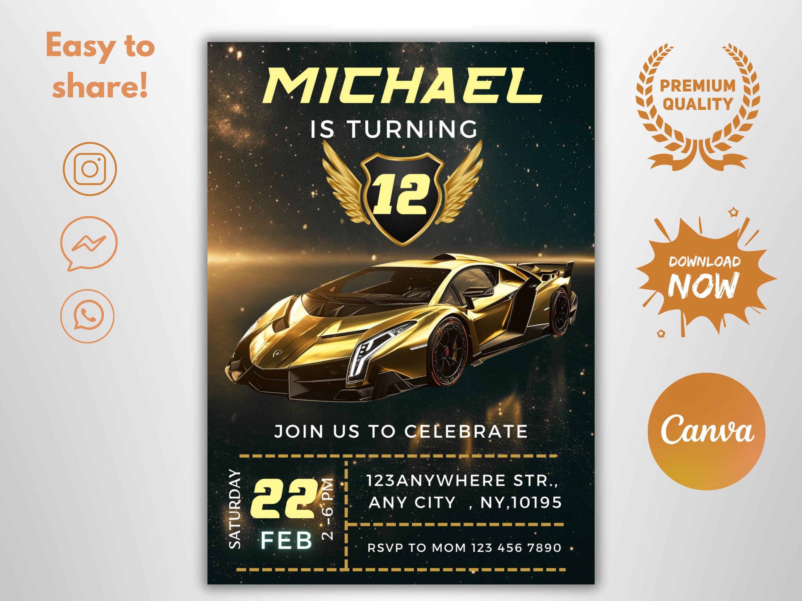 Editable Lamborghini Birthday Invitation Card , Race Car Theme for Boys ...