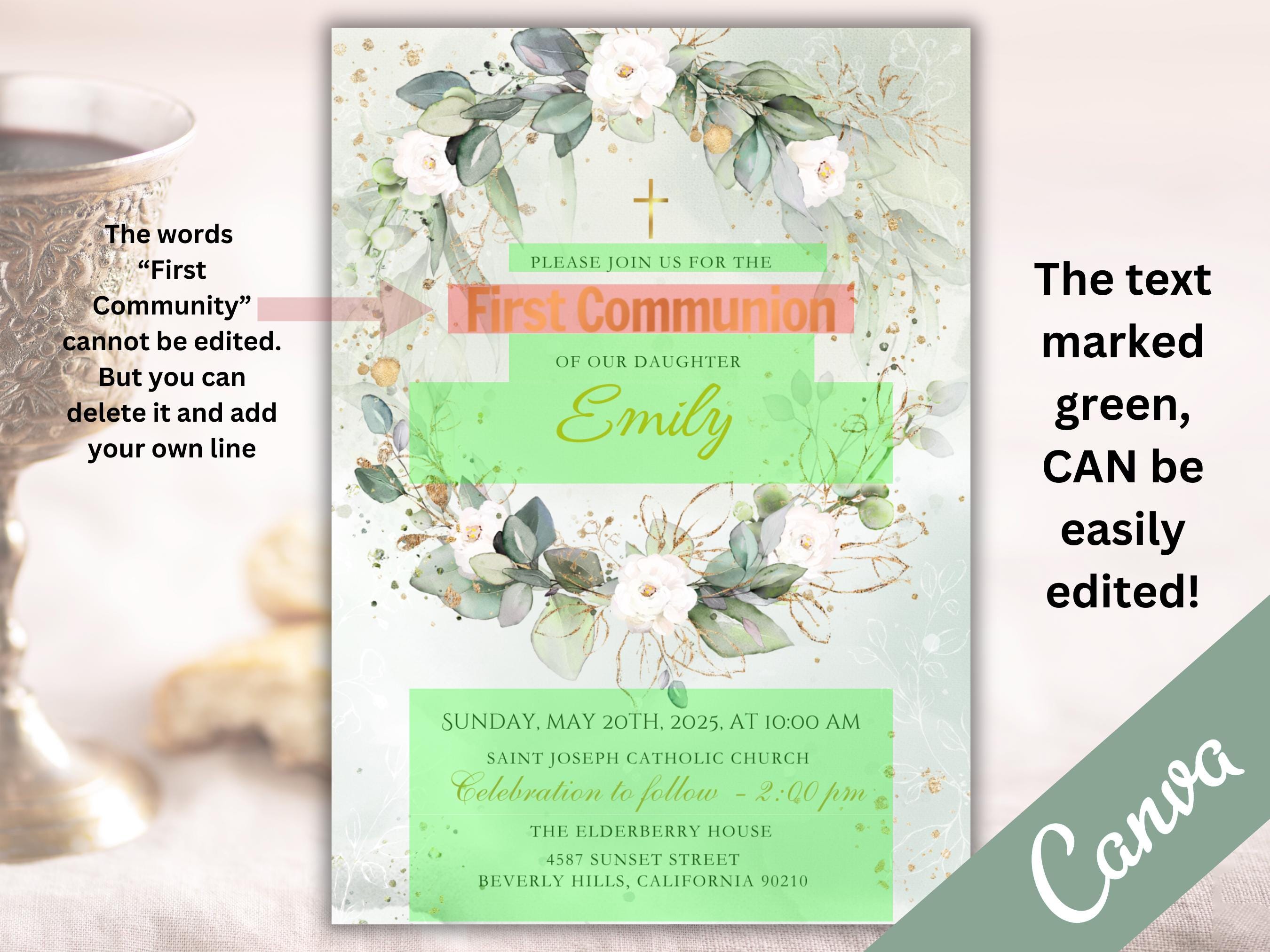 Editable First Communion Invitation: Elegant Template in Canva (digital ...