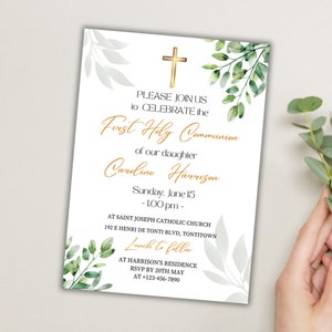 Plantillas imprimibles únicas y editables para Primera Comunión, Invitación para Celebración Religiosa, Diseño de Tarjeta de Santa Comunión, Invitación para Santa Comunión