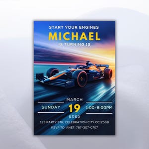 Formule 1 verjaardagsuitnodiging | Bewerkbare race-feestuitnodiging | F1-thema verjaardag | Mclaren racewagen canvas sjabloon | Digitale download