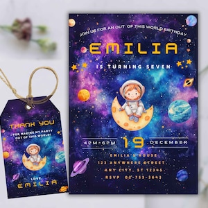 Modèle d'invitation d'anniversaire espace modifiable, invitation planètes galaxie, invitation fille galaxie, étiquette de remerciement espace, édition sur Canva