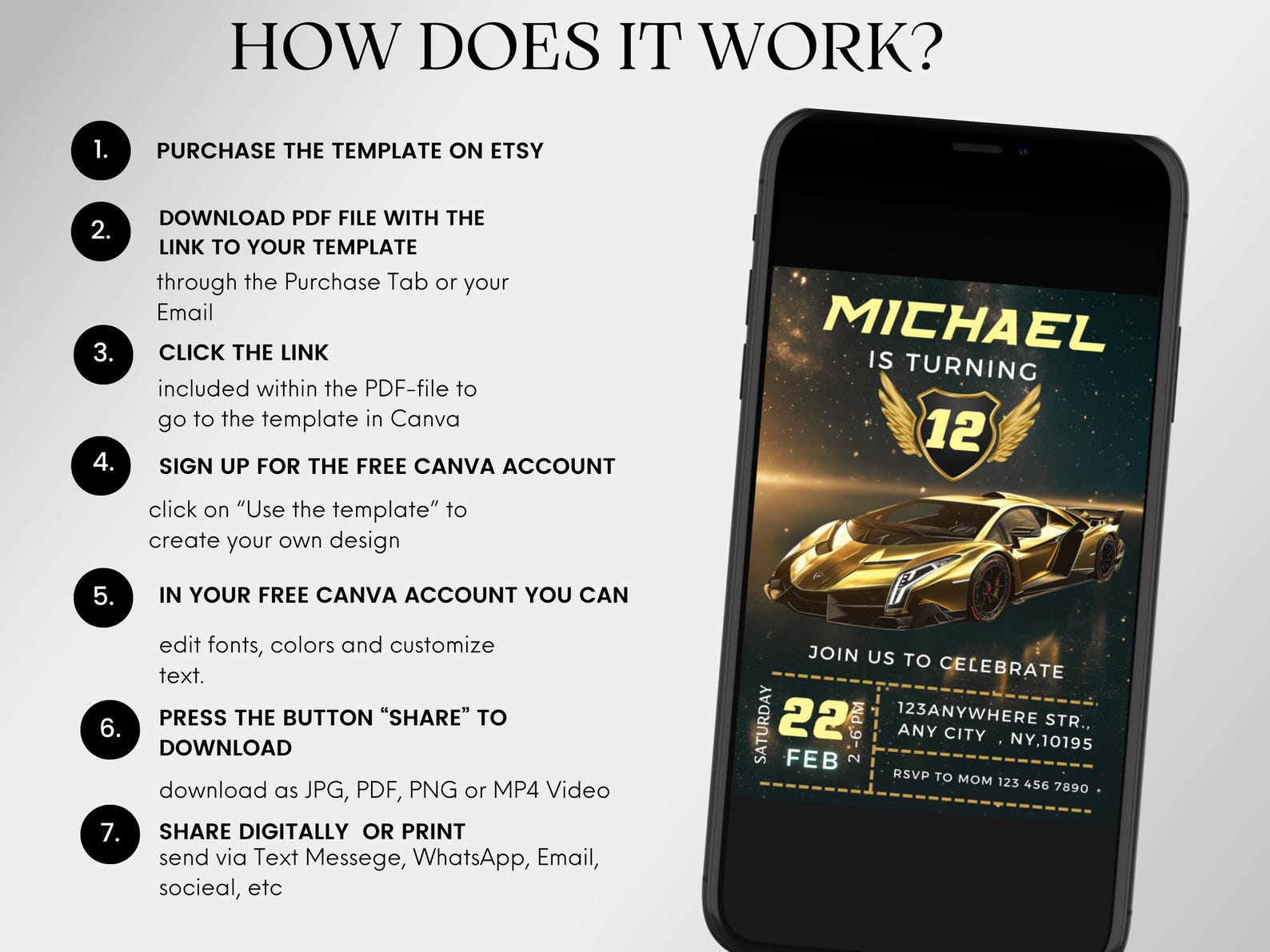 Editable Lamborghini Birthday Invitation Card , Race Car Theme for Boys ...