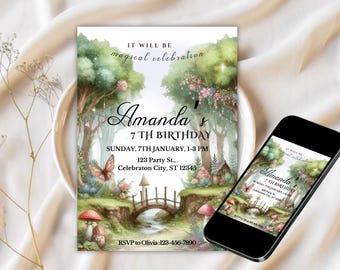 May include: A whimsical invitation for a 7th birthday party. The invitation features a watercolour illustration of a magical forest with a bridge, mushrooms, and butterflies. The text reads "Amanda's 7th Birthday" and includes the date, time, and location of the party. RSVP information is also included.