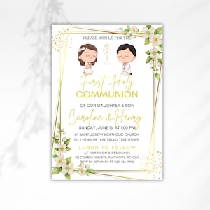 Plantilla de invitación para la primera comunión, invitación digital editable, invitación para la comunión de niñas y niños, invitación católica imprimible