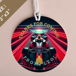 Sportwagenlabels | Bedankkaartje raceauto, verjaardagstags, ronde Red Bull-labels 3 x 3 Red Bull, tags feestbedankjes, voertuigthema bedankt