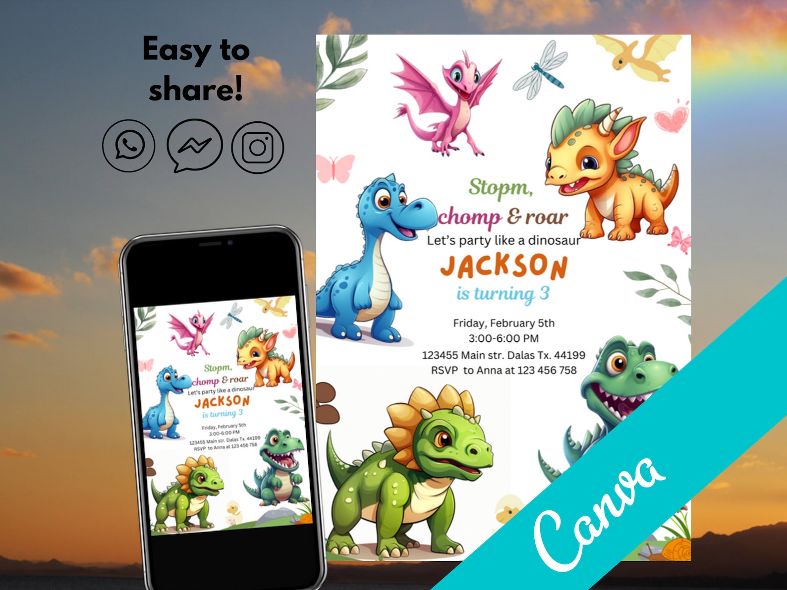 Editable Dinosaur Birthday Party Invitation Template, Dinosaur Birthday ...