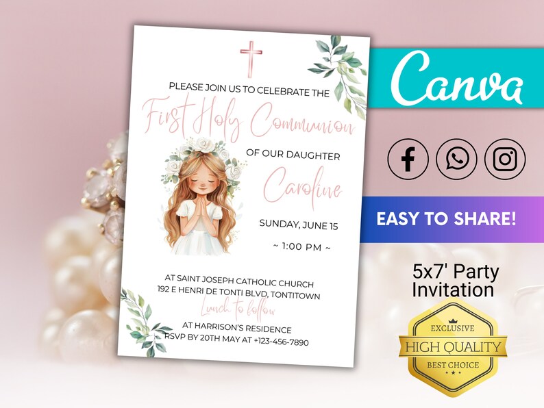 Elegant First Communion Invitation, Editable Religious Celebration Card ...