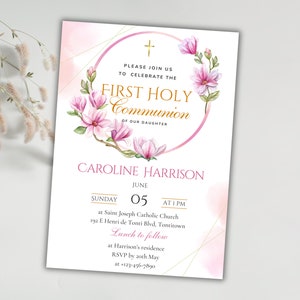 Erste heilige Kommunion Einladung mit Goldkreuz, bearbeitbare Mädchen Kommunion einladen, Elegante 1 Kommunion Karte mit Blumenmuster