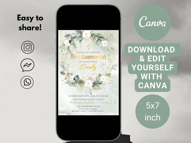 Editable First Communion Invitation: Elegant Template in Canva (digital ...