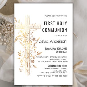 Invito per la prima comunione, elegante design minimalista, download immediato, modello Canva modificabile