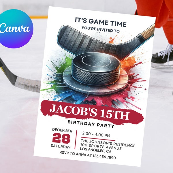 Hockey-Einladung, Hockey-Thema-Geburtstag, bearbeitbare ITS GAME Time Jungen-Hockey-Einladung, druckbare Hockey-Einladung, digitaler Download