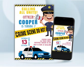May include: A blue and white police car with the word "POLICE" on the side. A yellow and black caution tape reads "CRIME SCENE DO NOT CROSS". The invitation is for a police-themed birthday party for a boy named Cooper who is turning 7. The invitation includes the date, time, and location of the party.