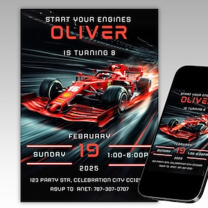 Formel 1 Einladung für eine Ferrari Party, Rennauto einladen, Jungen Instant Download Einladung, Sport Party Dekor