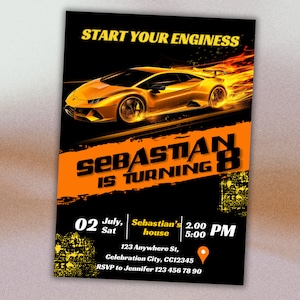 Lamborghini Geburtstagseinladung, Rennwagen-Party einladen, bearbeitbare Vorlage & Sofort-Download