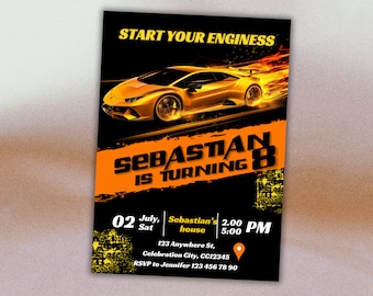 Lamborghini Birthday Invitation, Race Car Party Invite, Editable Template & Instant Download