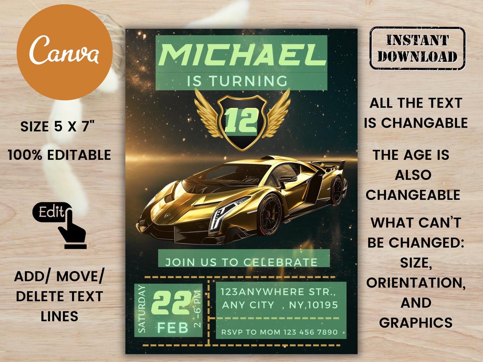 Editable Lamborghini Birthday Invitation Card , Race Car Theme for Boys ...