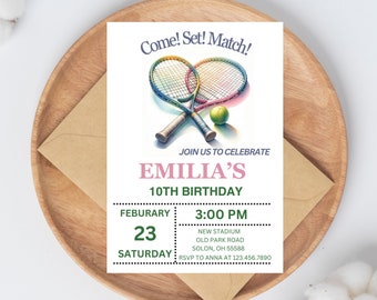 Invito di compleanno modificabile a tema tennis, modello Canva, download immediato