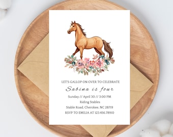 Editable Horse Birthday Invitation Template | Customizable Canva Design for Kid&#39;s Party Invite | Printable Invite