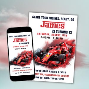 Gepersonaliseerde Formule 1-verjaardagsuitnodiging Ferrari-auto | F1 Race-feestuitnodiging voor jongens | Verjaardag rode sportwagenrace | Digitale download