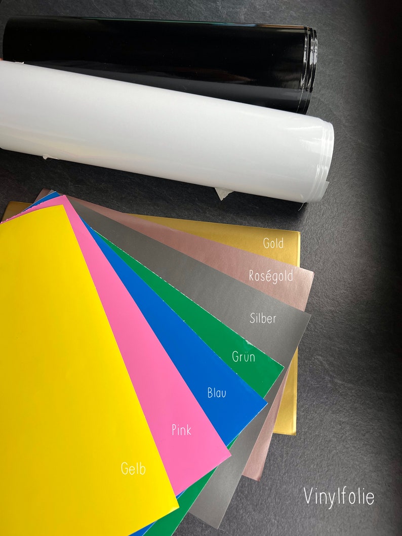 Auswahl Vinylfolie (schwarz, weiß, gold, roségold, silber, grün, blau, pink, gelb)
