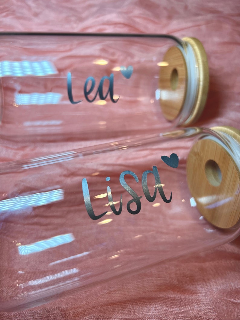 Personalisiertes Trinkglas mit Strohhalm & Holzdeckel Name Herz Glas für Eiskaffee, Limonade Geschenk Geburtstag, Muttertag, Einzug 8